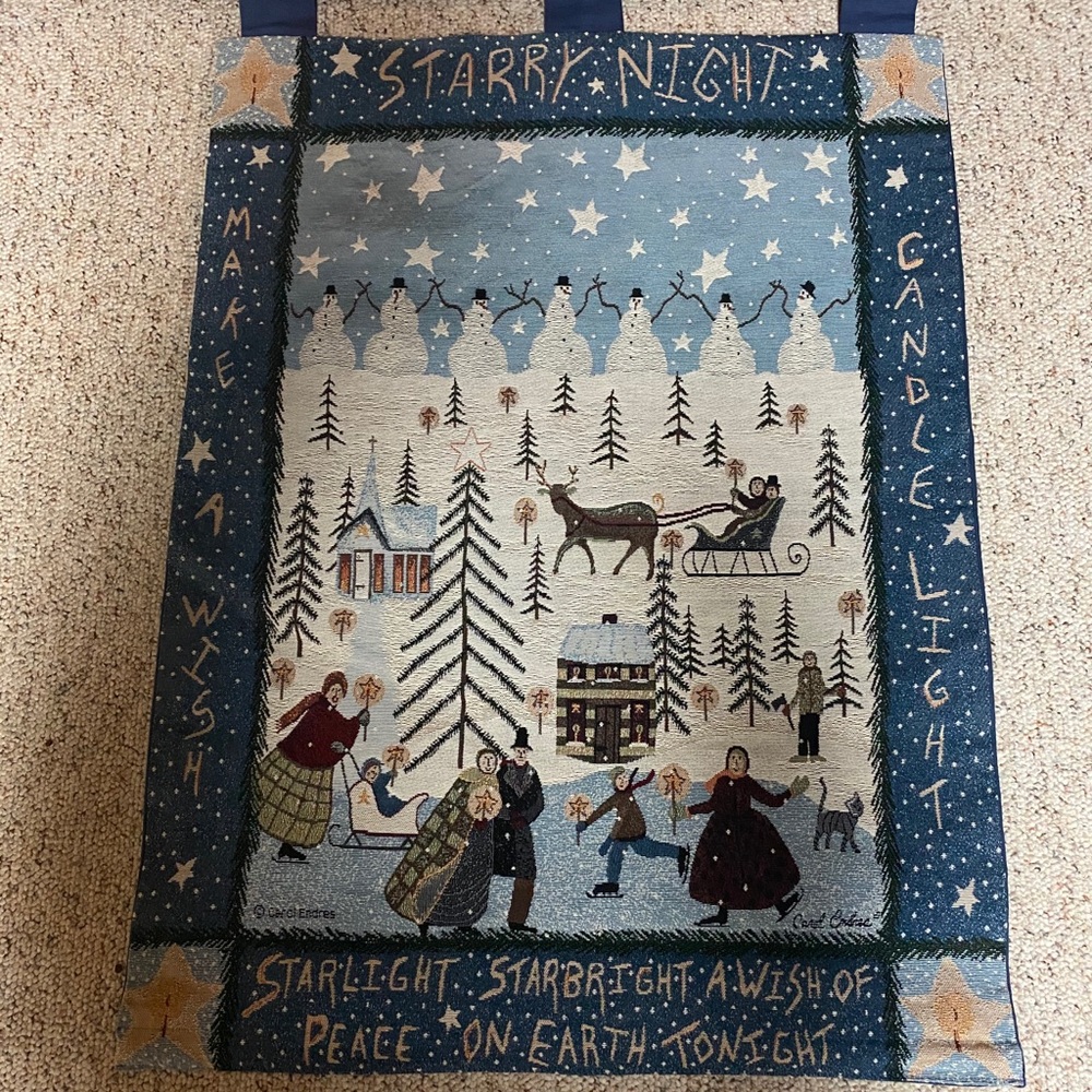 Starry Night Winter Scene Tapestry with Wood Rod